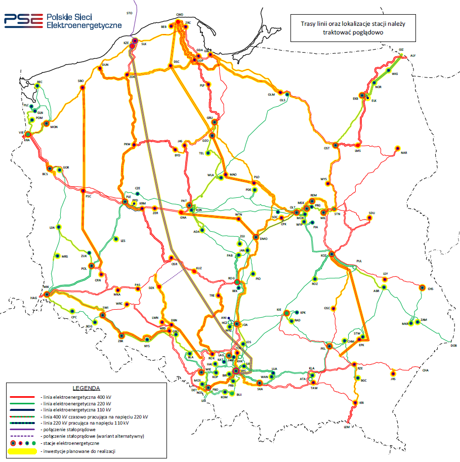Schemat sieci przesyłowej ze zmianami wynikającymi z realizacji planowanych zadań inwestycyjnych do 2036 r.