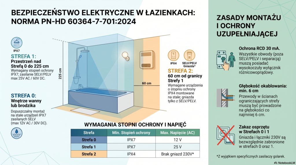 Rys.4 Wymogi dotyczące osprzętu elektrycznego w łazience zgodnie z PN-HD 60364-7-701:2024, opracowanie z NotebookLM