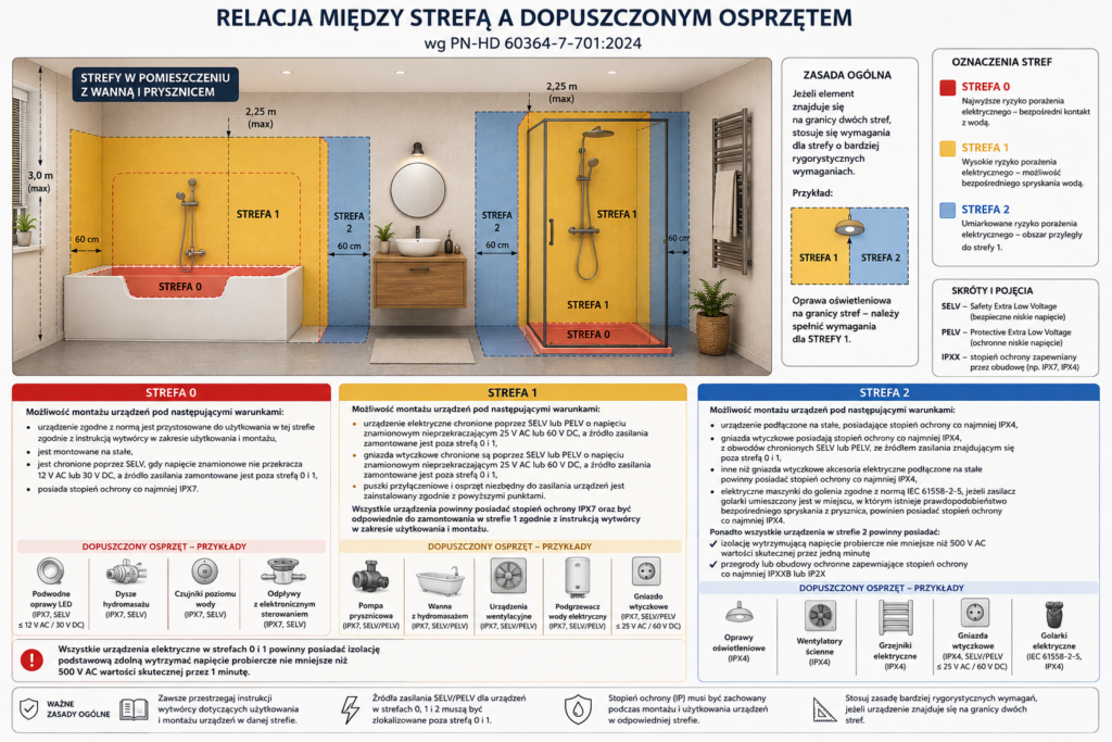 Rys.5 Relacja między strefą, a dopuszczonym osprzętem zgodnie z PN-HD 60364-7-701:2024, opracowanie z ChatGPT